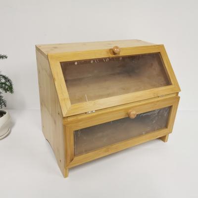 China Freshness Preservation Goods Bamboo Bread Box 2 Layer Wooden Bread Bin Box Bamboo Stained Glass Bread Box for sale