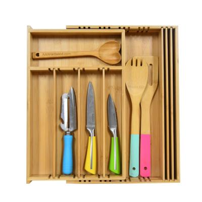 China High Quality 100% Bamboo Wooden Expandable Drawer Silver Adjustable Cutlery Tray For Kitchen Multifunctional Viable for sale