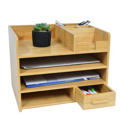 China Durable Alternate Top 4 Tier Table Storage Rack Bamboo Wooden Desk Organizer with Drawers for Home Office and Dorm for sale