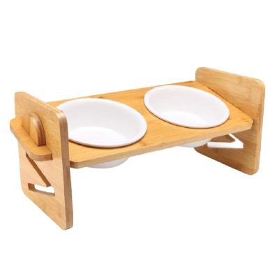 China Sustainable High Quality Adjustable Bamboo Cat Food Bowl Stand Pet Dog High Feeder for sale