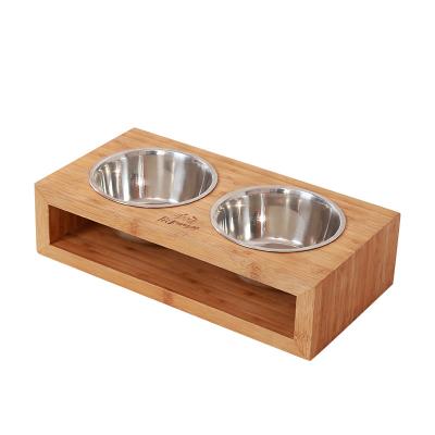 China Sustainable Bamboo Pet Feeder With 2 Stainless Steel Bowls for sale