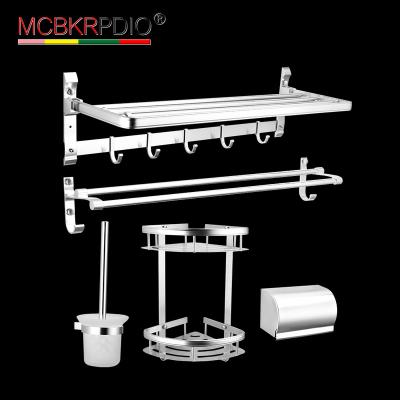 China MCBKRPDIO Silver color aluminium bathroom accessory set towel rack bar paper holder two tiers corner shelf basket hardware set for sale