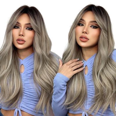 China Long Blonde Brown Black Wigs Black Gray Ash White Ombre Synthetic Wig With Long Wavy Blonde Daily Bangs Cosplay Party Wig For Women Heat Resistant Hair for sale