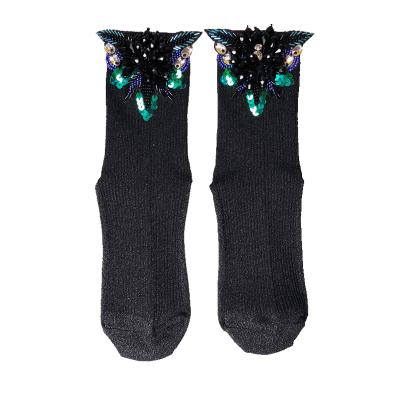 China Antibacterial Top Fashion Party Sequin Cuff Handmade Knee Socks Women Crew Socks for sale