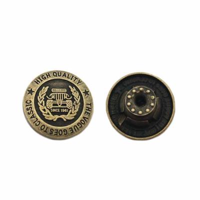 China Brand viable antique brass embossed logo custom 20mm lattice button designer metal denim lattice buttons for sale