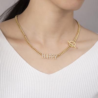 China KN54B Nickel Free Rose Gold Blessed Alphabet Necklace Happy For Women Custom Name Chunky Initial Necklace CZ Chain for sale