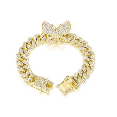 China Wholesale Women's Butterfly Diamond Layer Cuban Link Bracelet Solid Gold Plated 8Mm 14K Chunky Miami Iced Out Hiphop Bracelet for sale