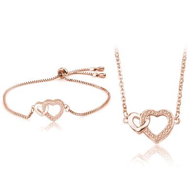 China Haughtily Double Heart Love Zirconia Fashion Jewelry 2021 TRENDY Mothers Day Set Women's Bracelet Necklace Jewelry Sets for sale