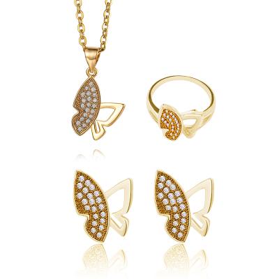 China Haughtily Trendy Fashion Women Gold Plated Kids Girls Rhinestone Necklace Rings Earrings Butterfly Jewelry Set for sale