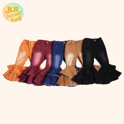 China Anti-Wrinkle Wholesales Multicolor Girls In Jeans Pants Washed 2 Layers Of Baby Bell Ruffled Bottom Pants for sale