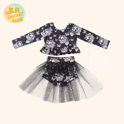 China Casual Baby Two Piece Drop Set Halloween Skulls Print Ruffle Long Sleeve Yarn Top Net Dress Shorts Baby Outfit For Kids for sale