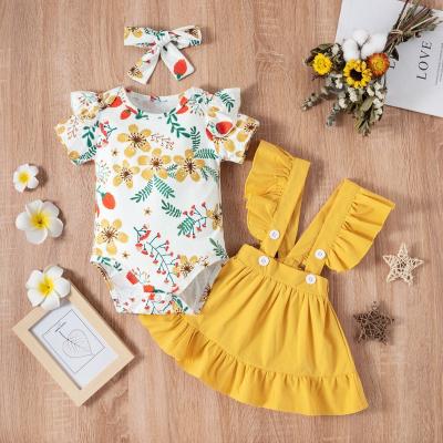 China Instagram Summer Dress Washable Hot Selling Baby Girl Dress Sets 3-Piece Romper Top+Dress+Headband for sale