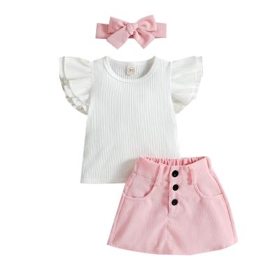 China INS Popular Summer Girls Washable Clothing Set Little Girl Clothes Sets Kids Outfit 3-Piece With Headband for sale