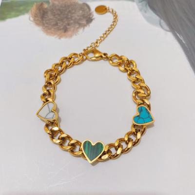 China Fashion Wholesale Women Fashion Jewelry Custom Stainless Steel 18K Gold Plated Cuban Link Bracelet Love Heart Bracelet for sale