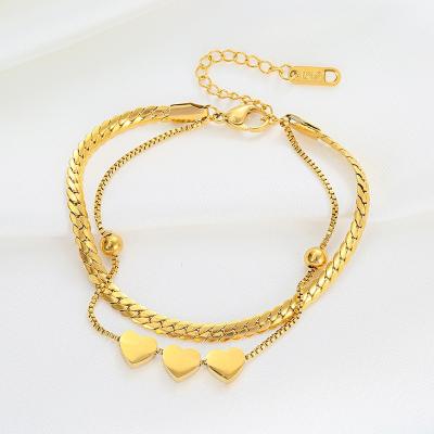 China Other Wholesale Fashion Women Jewelry Heart Bracelet 18k Gold Plated Stainless Steel Double Layer Bracelet for sale