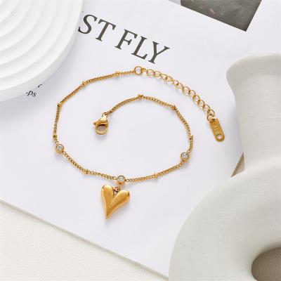 China Fashion Wholesale Women Fashion Jewelry 18K Gold Zircon Anklet Bracelet Heart Stainless Steel Custom Heart Bracelet for sale