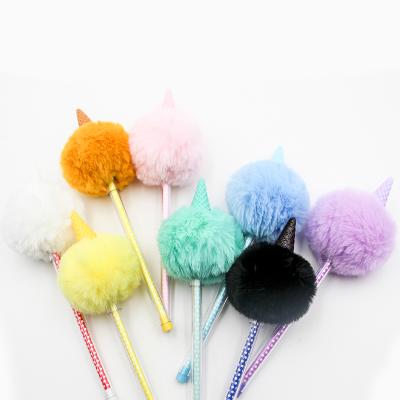 China Microneedling Point Pen Cute Pompom Ball Girls Wholesale School Office Enrollment Writing Plastic Ball Pens for sale