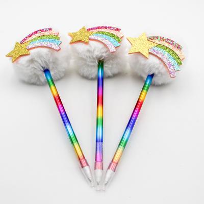 China Fashionable Hot Sale Glitter Star Rainbow Pom Pom Bling Bling Simple Design Unique Design Pens Pointed Writing for sale