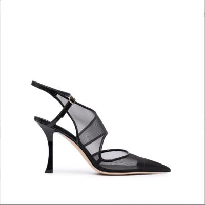 Cina Donna Black Ankle Strap Fashion Designer Sottile tacco alto punteggiato Faux pompe in pelle in vendita