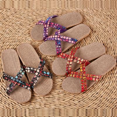 China Flat 2019 Foot Casual Slippers /Women Relieve Slip On Open Toe French Flat Linen Bedroom Indoor Slippers for sale