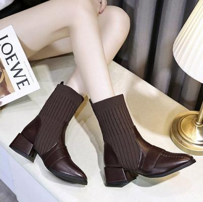 China New Square Toe Sleeve Waterproof Large Size Flight Knit Mid Heel Ankle Boots 35-42 for sale