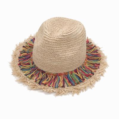 China Straw Rainbow Fringed Women Summer Beach Lafite Grass Umbrella Hat for sale