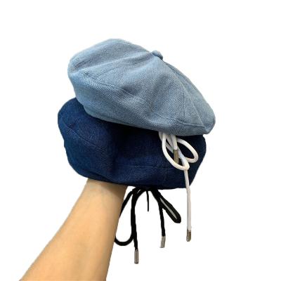 China Trendy Japanese Winter Autumn Beret Hat Girls Ladies Statistical Style Fashion Character Latest Design Denim Drawstring Women Classic Beret Hat for sale