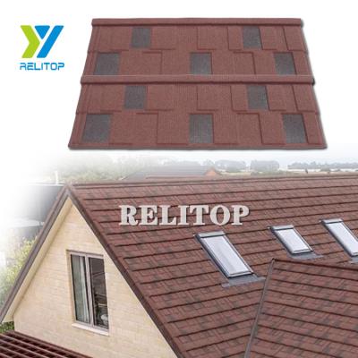 China Chips Coated Metal Roof Tile 0.35MM 0.4MM Red Natural Aluminum Zinc Steel Plate Relitop Stone Shingle Tile EUROPEAN Sunset for sale