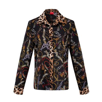 China Anti-pilling new design leopard turn-down collar polyester long sleeves satin shirt for women ladies blouses tops for sale