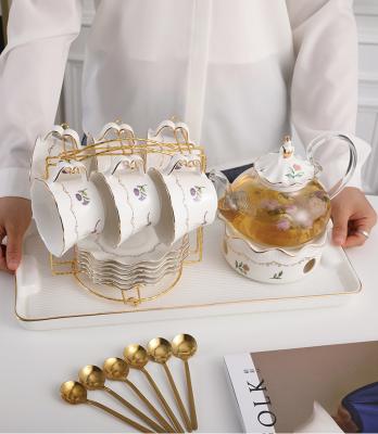 China Ceramic Saucer Tray Teapot Tea Set In Cup High Grade Flower Design Viable English Glass Teapot Tea Set Afternoon Teapot With Warmer for sale