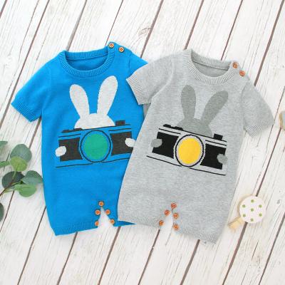 China QDH Lovely Lovely Baby Spring Clothes Button Design Cartoon Rabbit Camera Pattern Newborn Baby Knitted Romper for sale