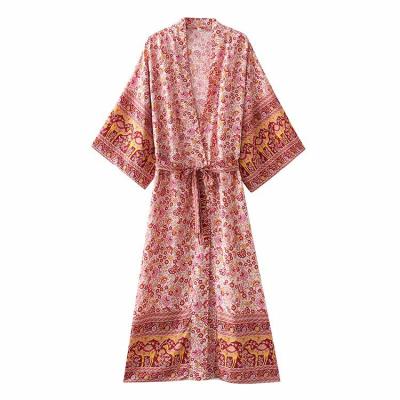 China Anti-Allergy Anti-Allergy Wholesales Retro Beach Print Holiday Print Vacation Bikini Bohemian Long Loose Women's Kimono Cardigan for sale