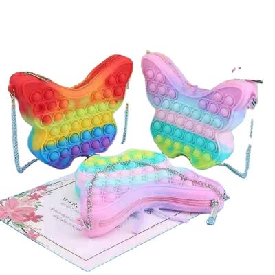 China Rainbow Large Working Size Kids Body Cross Shoulder Bag Bulks Big Silicone Genuine Pop It Coin Purse Busy Person Butterfly Purse for sale