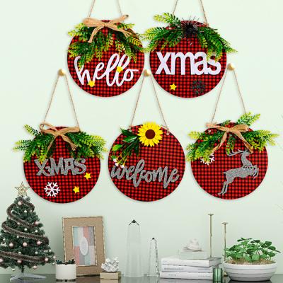 China Christmast Ornament 2021 New Christmas Plaid Decorations Plaid Hanging Board Wooden Door Plates For Hanging Christmas Tree Ornaments for sale