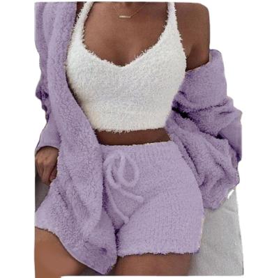 China Fashion Women Winter Sleepwear Thermal Pajama Sets Solid Plush Long Robe Hooded Vest Shorts Sleepwear for sale