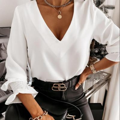 China Anti-wrinkle Fashion Korean V-Neckline Long Sheath Elegant Office Ladies Use Chiffon Blouses Ladies Blouse for sale