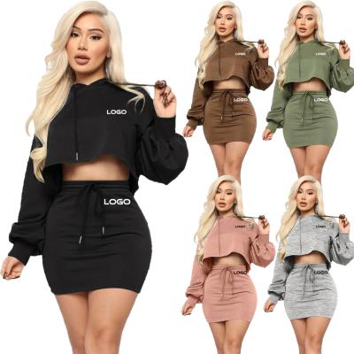 China Dropshiping QUICK DRY Custom Solid Color LOGO 2 Piece Long Sweatshirt Dress Sleeve Hoodies Two Piece Skirt Set Plus Size Dress for sale