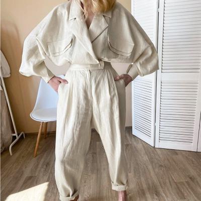 China 2021 Breathable New Arrive Temperament Suit Long Sleeve Solid Color Cotton 2 Piece Women's Wear Suit Shirt Coat Loose Casual Pants for sale