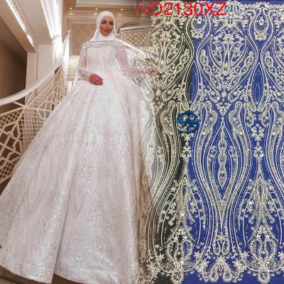 China Viable White Beaded Colorful Sequined Bridal Dress Even Lace Fabric for sale