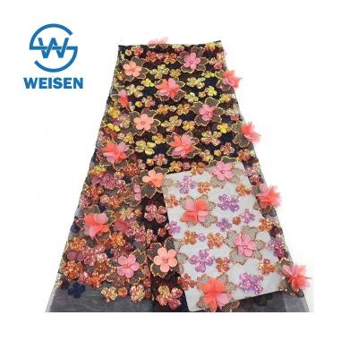 China Viable Floral Flower Embroidery Fabric , African 3D Gold Sequin Lace Fabric for sale