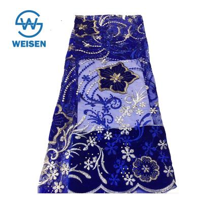 China Viable High Quality Royal Blue Embroidery Beaded Tulle To Bead African French Lace Fabric for sale