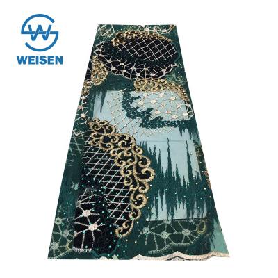 China Viable High Quality African French Tulle Beaded Beaded Embroidery Green Color Lace Fabric for sale