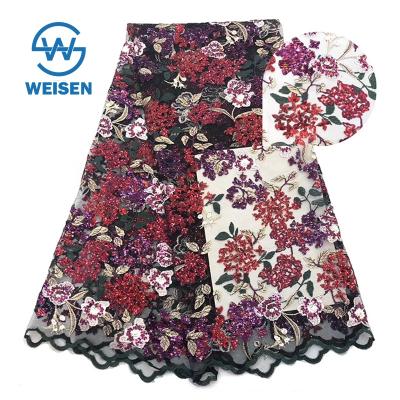 China Viable Flower Lace Up Mesh Embroidered Organza Beautiful Sequin Embroidery Fabric 2019 for sale