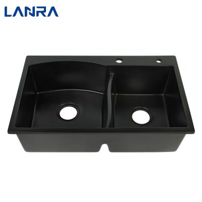 China Without Faucet Factory Wholesale Quartz Stone Double Sink Kitchen Sinks for sale