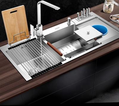 China Without Faucet With Waste Bin Fashion Topmount 304 Stainless Steel Handmade Double Bowl Kitchen Sink With Waste Bin for sale