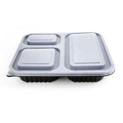 China Eco Friendly Disposable Plastic Square Container RPP/PP Black 3 Compartment Takeaway Food Lunch Box Microwavable for sale