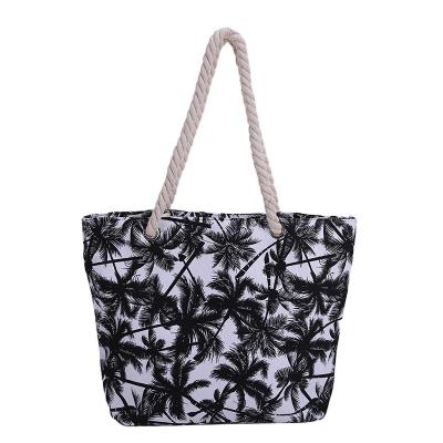 China New NATIONAL Fresh Leaf Printing Cotton Rope Portable Large Capacity Canvas Women Beach Bag for sale