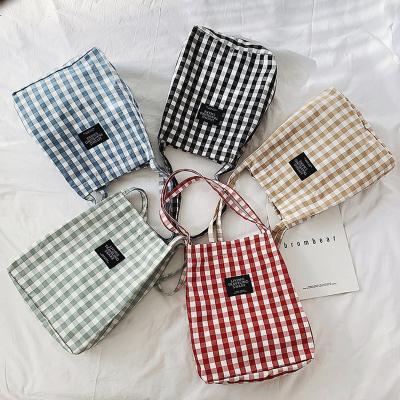 China Reusable Fashion Student Cotton Linen Single Shoulder Bag Tote Check Plaid Female Flax Canvas Durable Shopping Bags for sale