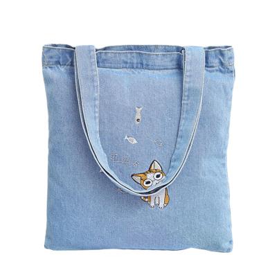 China Large Capacity Green Eco-friendly Tote Bag Denim Ladies Shoulder Retro School Bag Mother Reusable Shopping Bag for sale