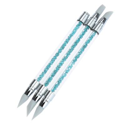 China Double-end High-grade Lac-blue silicone Nail Master Crystal Acrylic Nail Brush Nail Art Pen Silicone Nail Brush Handle for sale